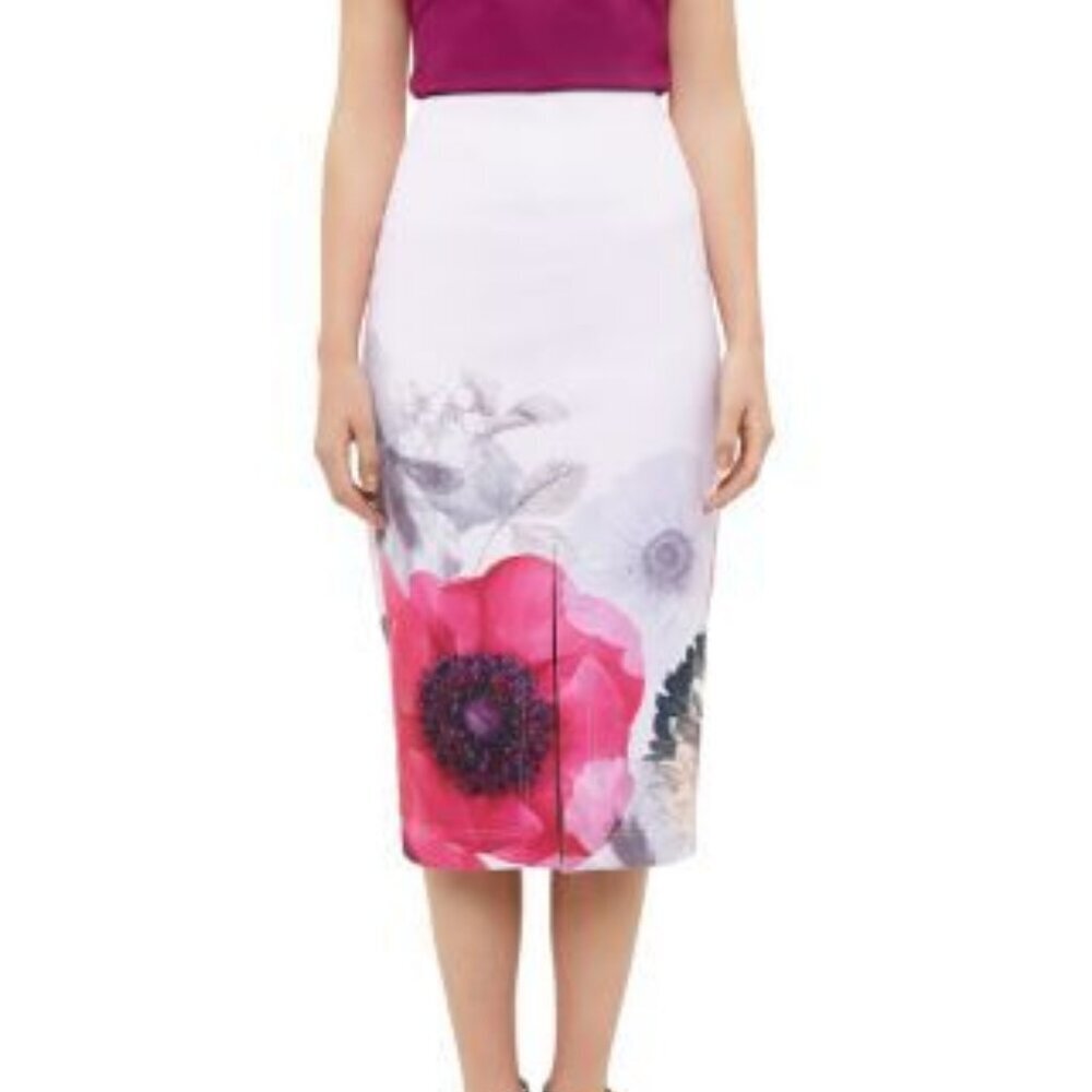 BNWT Ted Baker London Geemey Neon Poppy Pencil Skirt In Nude Pink